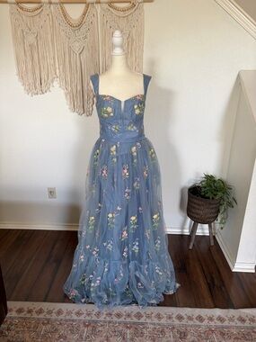 Blue Floral Embroidered Tulle Maxi Dress